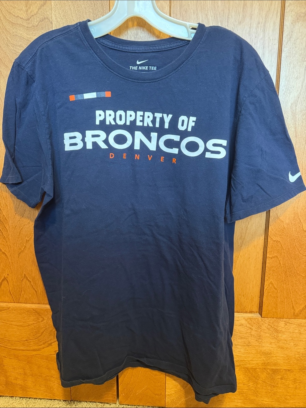 Nike Navy and Orange Denver Broncos Property of Tee Athletic cut size Large
